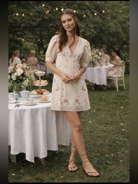 Anthropologie NWT Linen Blend Puff-Sleeve V-Neck Embroidered Mini Dress size 4.